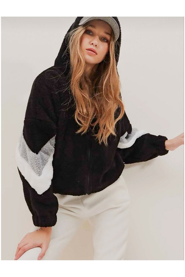 Women's Black Hooded Zippered Plush Cardigan with Elastic Waist