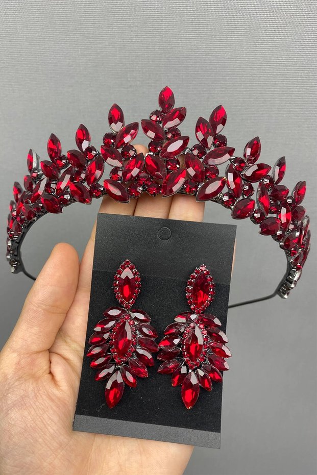 Burgundy Subra Model Bridal Henna Crown and Earrings for the Most Beautiful Brides – Crown, Crystal Stone, Stylish Model – Ta