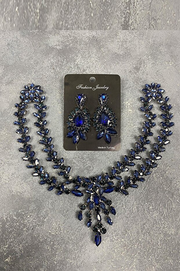 To the Most Beautiful Brides Navy Blue Sultan Model Frontlet Bridal Henna Hair Accessory and Earring Set – Crown – Crown