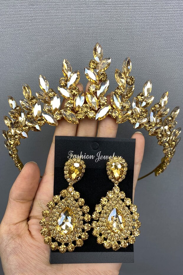 Honey Color Subra Bridal Henna Tiara and Earrings for the Most Beautiful Brides – Crown, Crystal Stone, Stylish Model – Crown