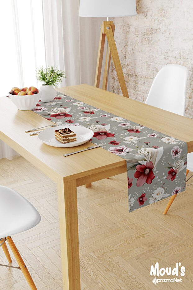 Red Green Floral Pattern Printed Suede Runner Table Cloth