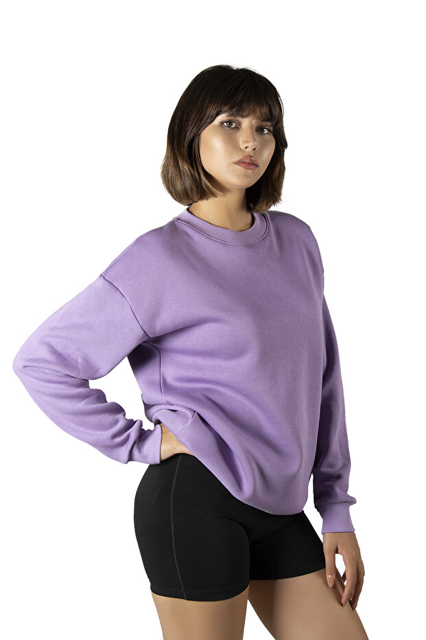 Kadın Mor Oversize Kalın Üç Iplik Şardonlu Bisiklet Yaka Basic Sweatshirt - 2