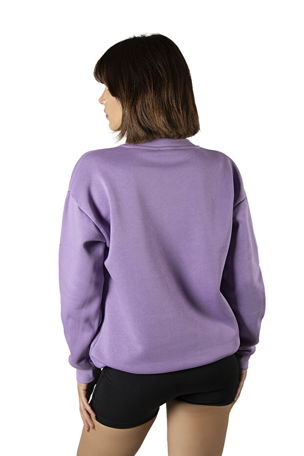 Kadın Mor Oversize Kalın Üç Iplik Şardonlu Bisiklet Yaka Basic Sweatshirt - 3