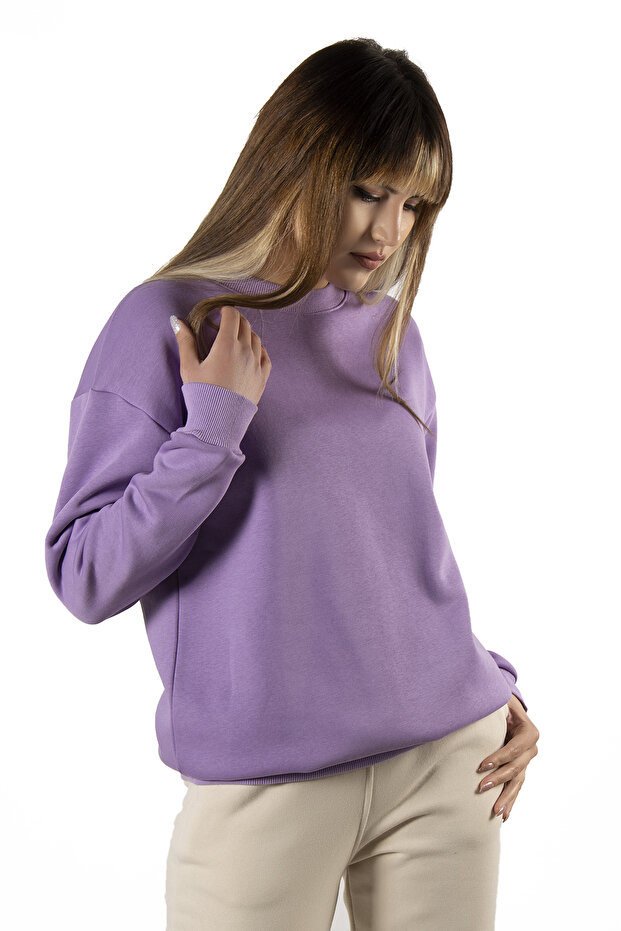 Kadın Mor Oversize Kalın Üç Iplik Şardonlu Bisiklet Yaka Basic Sweatshirt - 6