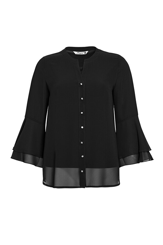 Stone Button Detailed Flywheel Sleeve Large Size Women's Shirt