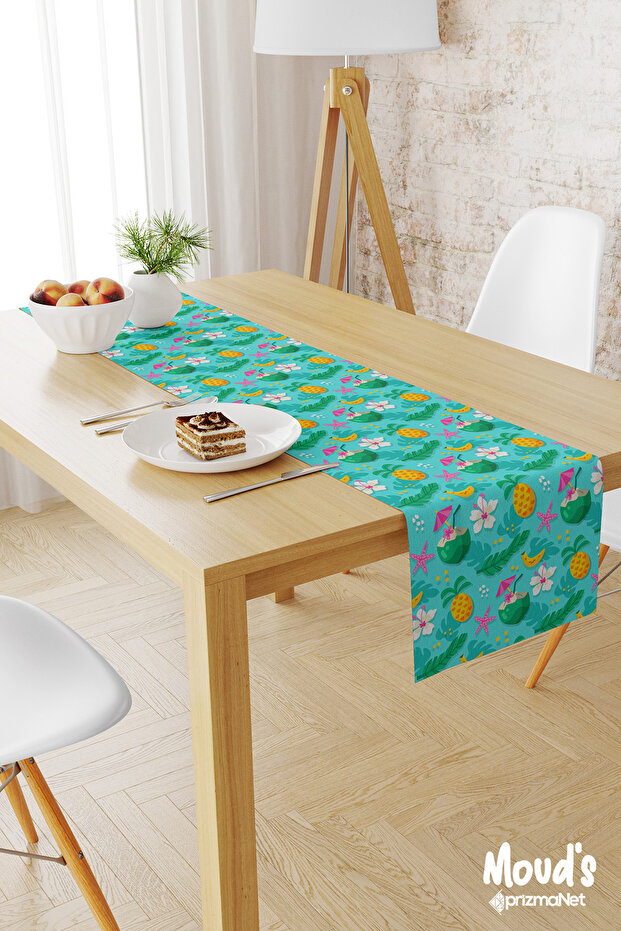 Turquoise Pineapple and Coconut Pattern Printed Suede Runner Tablecloth - 1