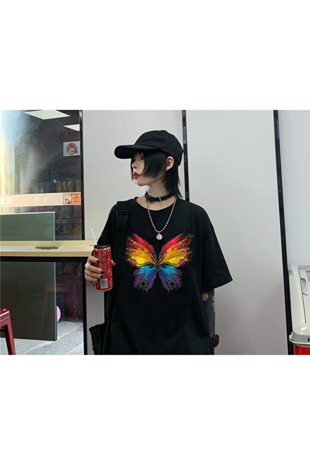 Rainbow Butterfly Printed Black Unisex Oversize T-Shirt