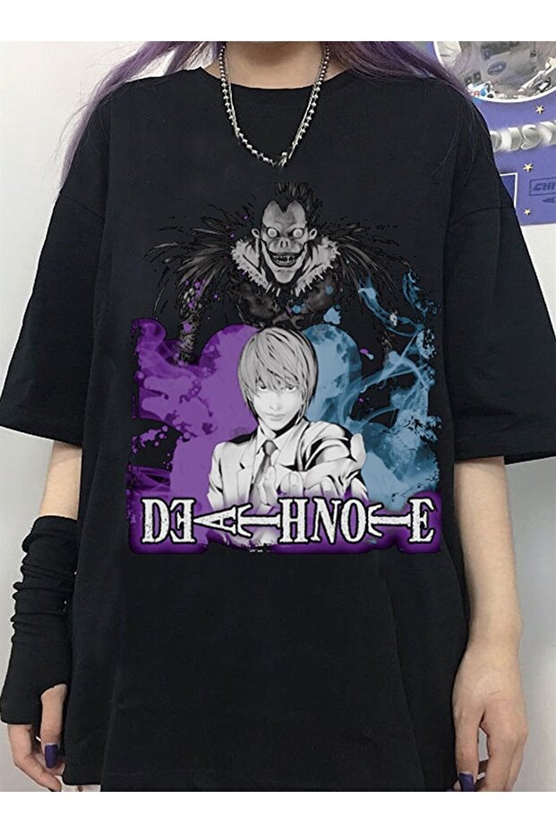 Black Color Death Note Printed Wide Cut Unisex Anime T-shirt