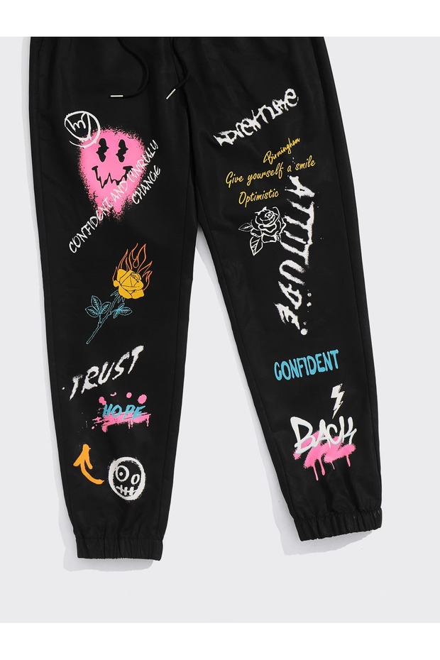 Expression & Letter Graphic Drawstring Waist Pants - 3
