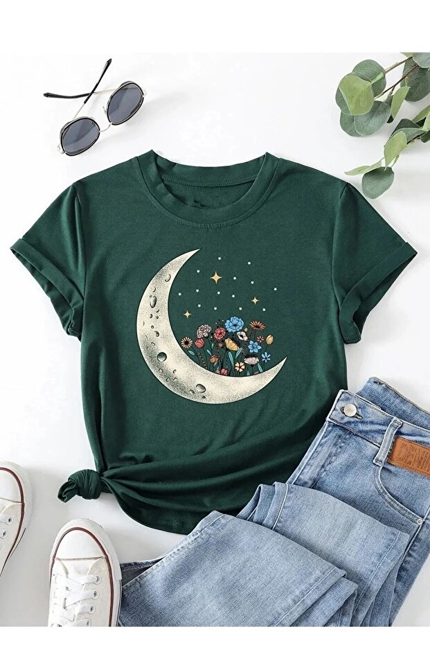 Plus Size Flower Moon Printed Crew Neck Oversize T-shirt