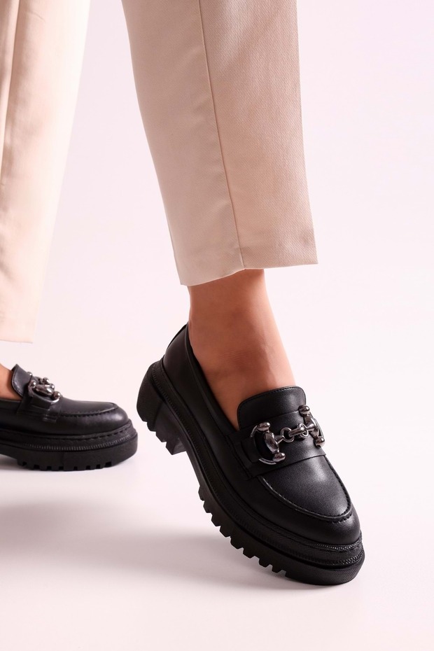 Női Rex fekete bőr vastag talpcsatos naplopó fekete bőr - 1