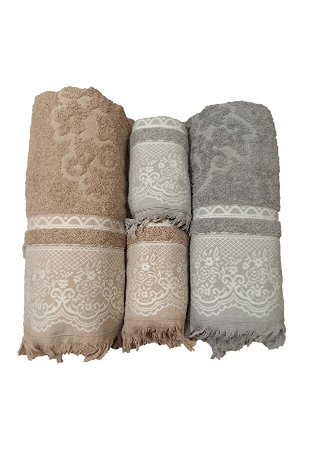 4-Piece Fringed Turkish Bath Set, Bath and Head Towel - Brown&grey