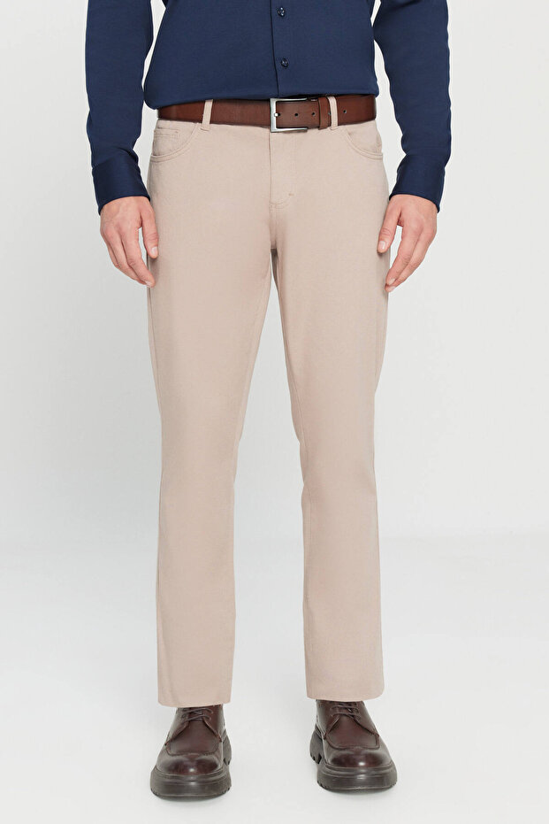 Erkek Bej Diz İzi Yapmayan Slim Fit Dar Kesim 5 Cep Pamuklu Kanvas Esnek Casual Pantolon - 3
