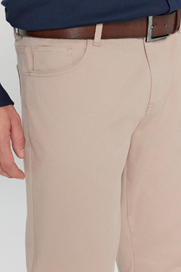 Erkek Bej Diz İzi Yapmayan Slim Fit Dar Kesim 5 Cep Pamuklu Kanvas Esnek Casual Pantolon - 7