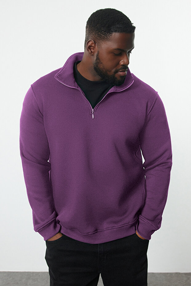 Mor Büyük Beden Oversize Dik Yaka Fermuarlı İçi Polarlı Sweatshirt TMNAW24AO00024 - 1