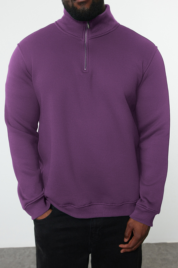Mor Büyük Beden Oversize Dik Yaka Fermuarlı İçi Polarlı Sweatshirt TMNAW24AO00024 - 3