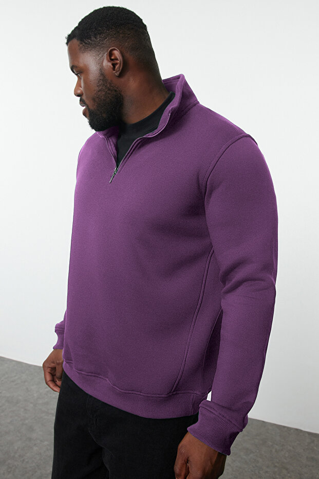 Mor Büyük Beden Oversize Dik Yaka Fermuarlı İçi Polarlı Sweatshirt TMNAW24AO00024 - 2