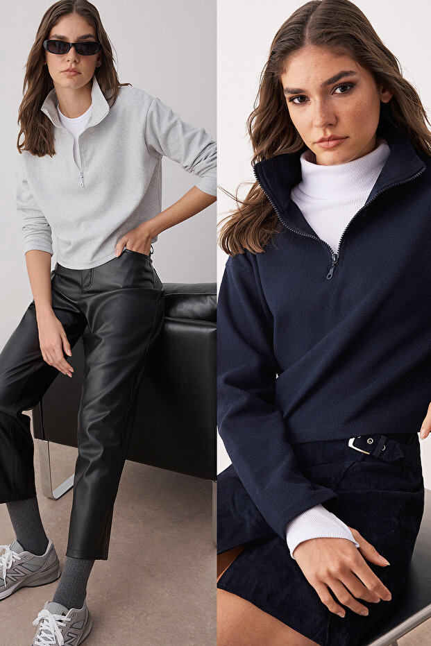 Lacivert-Gri 2'Li Paket Selanik Regular/Normal Kalıp Fermuarlı Yaka Örme Sweatshirt TWOAW25SW00120 - 1