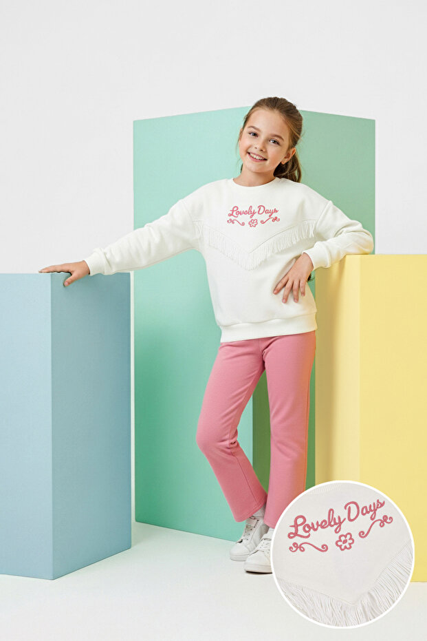 Ecru Cotton Slogan Printed Tassels Oversized Girls' Knitted Bottom - Top Set Tkdaw26Au00024