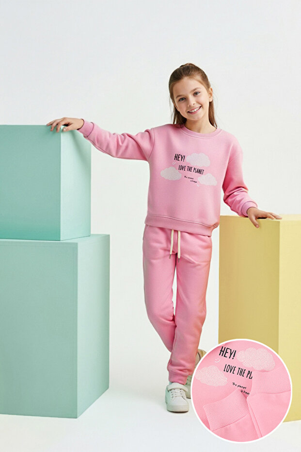 Açık Pembe Kız Çocuk Pamuklu Baskılı Regular Örme Alt - Üst Takım TKDAW26AU00051 - 1
