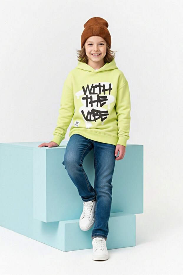 Sarı Pamuklu Baskılı Kapüşonlu Oversize Örme Kalın/İçi Polarlı Unisex Sweatshirt TKDAW26SW00045 - 3