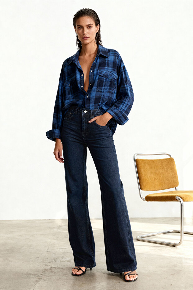 Gece Mavisi Yüksek Bel Wide Leg Geniş Paça %100 Pamuk Non-Stretch Jeans TWOSS23JE00083 - 1