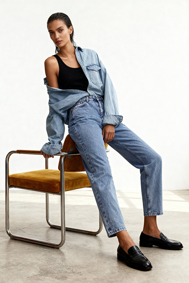 Indigo Yüksek Bel Mom %100 Pamuk Non-Stretch Jeans TWOSS23JE00067 - 1