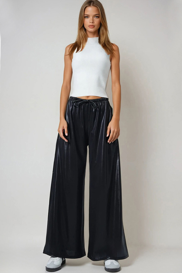 Black Double Pocket Faux Leather Wide Leg Pants Alc-X14682