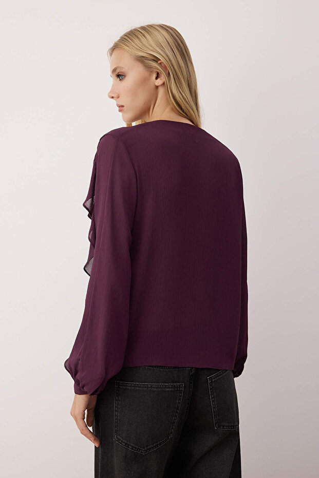Bordo Volanlı Boho Yarı Transparan Gömlek TWOAW26GO00045 - 4