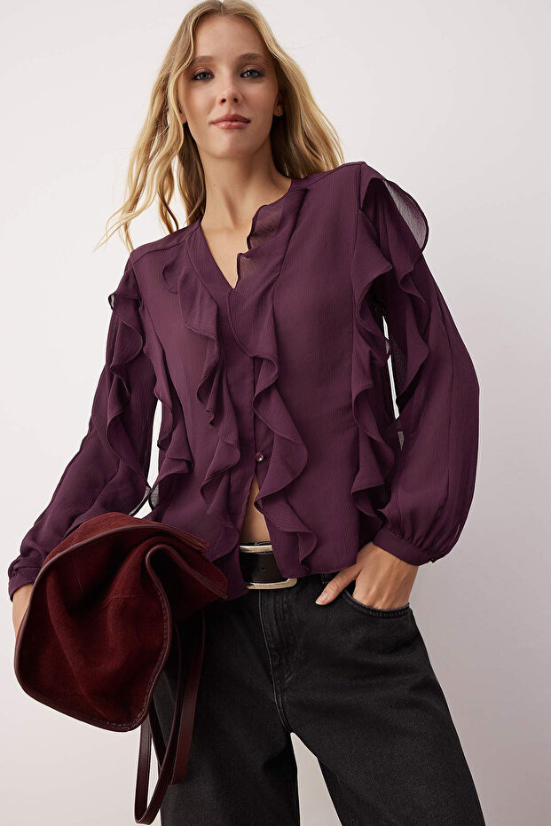 Bordo Volanlı Boho Yarı Transparan Gömlek TWOAW26GO00045 - 2