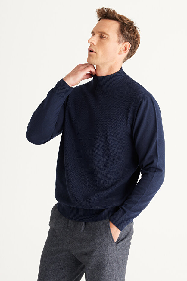 Erkek Lacivert Standart Fit Normal Kesim Yarım Balıkçı Yaka Pamuklu Triko Kazak - 5