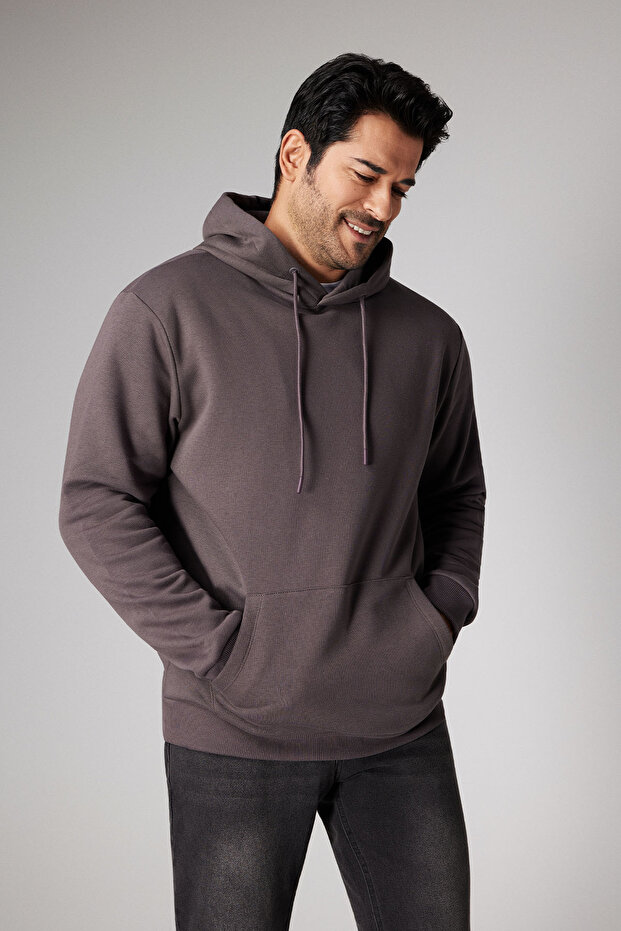 Erkek Koyu Gri Standart Fit Içi Polarlı 3 Iplik Kapüşonlu Kanguru Cepli Pamuklu Sweatshirt - 1