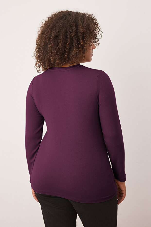 Bordo Premium Yumuşak Kumaşlı V Yaka Fitted/Vücuda Oturan Esnek Örme Büyük Beden Bluz TBBAW26AF00025 - 4