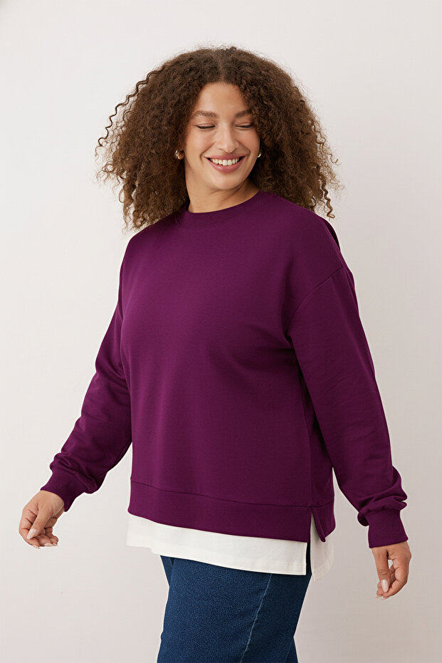 Mürdüm Alttan T-Shirt Çıkma Görünümlü İnce Örme Büyük Beden Sweatshirt TBBAW23AO00023 - 2