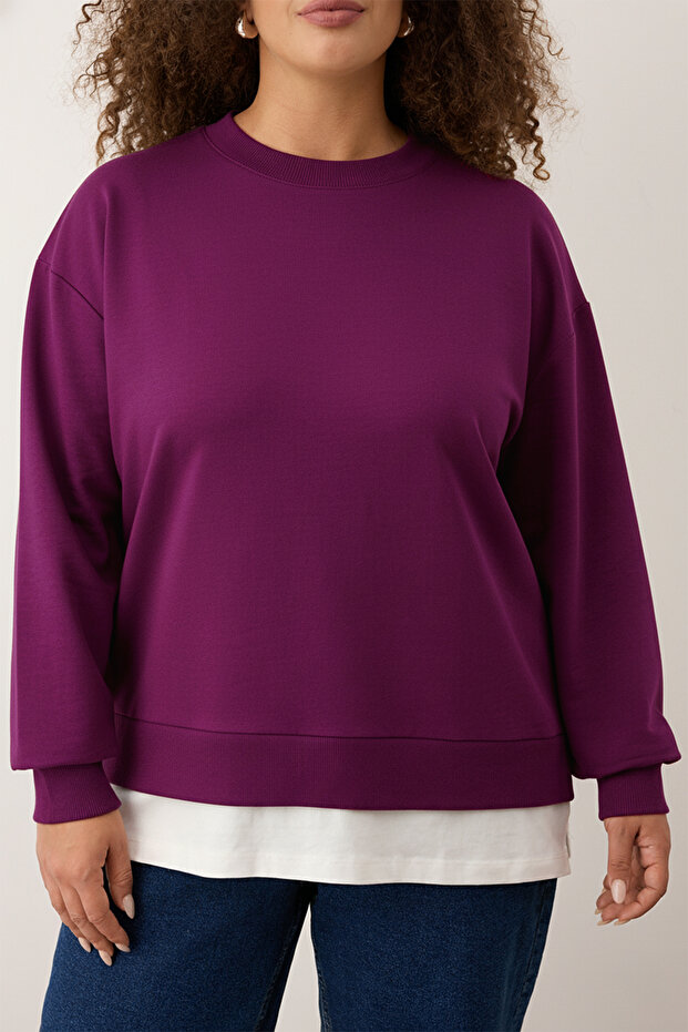 Mürdüm Alttan T-Shirt Çıkma Görünümlü İnce Örme Büyük Beden Sweatshirt TBBAW23AO00023 - 3