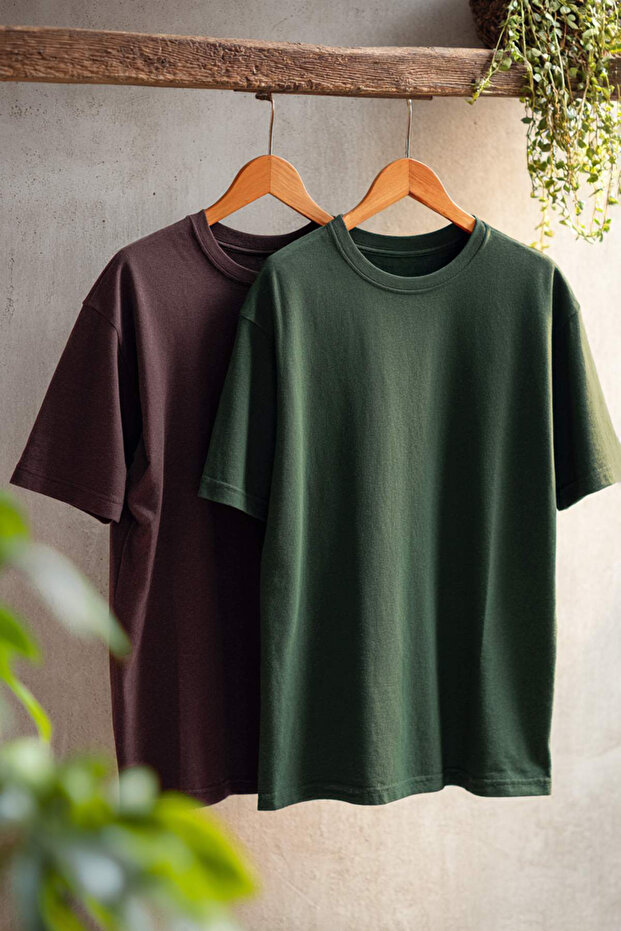 Unisex Koyu Kahverengi-Koyu Yeşil Oversize 2'li Paket Basic %100 Pamuklu T-Shirt TMNSS24TS00038 - 1