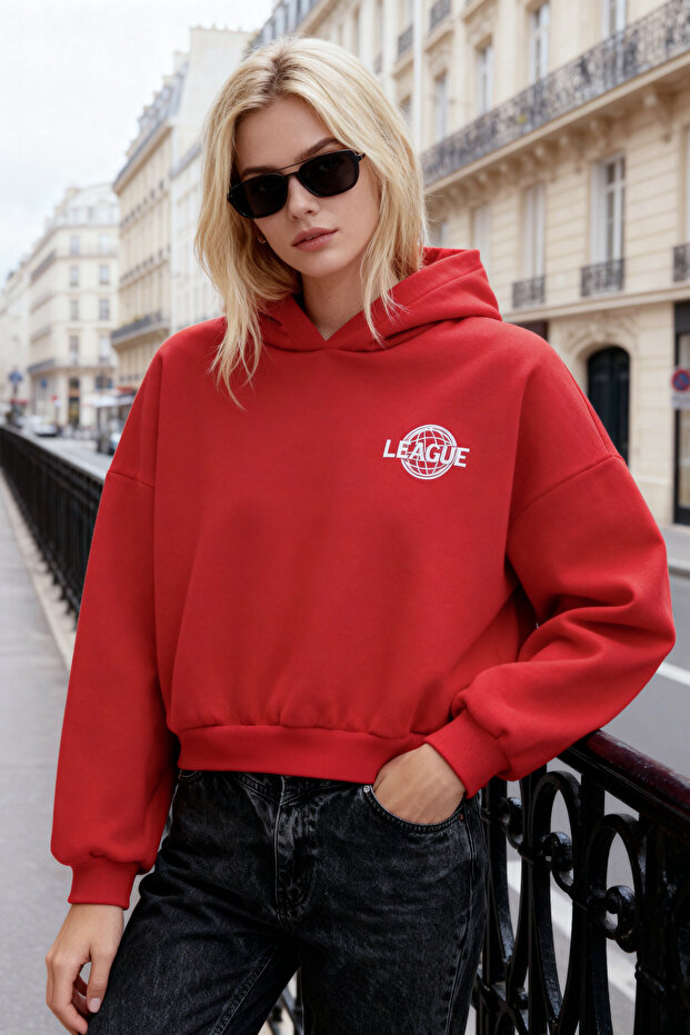 Kırmızı Sırt Baskı Detaylı Kapüşonlu Kalın İçi Polarlı Örme Sweatshirt TWOAW22SW0711 - 1