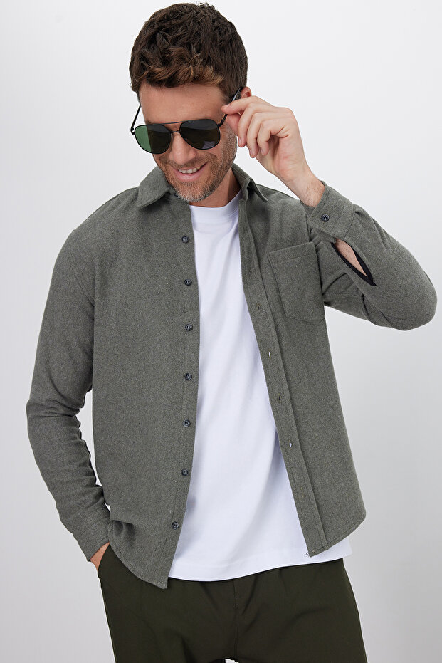 Men's Regular Fit Classic Cut Straight Pocket Dark Khaki Lumberjack Shirt