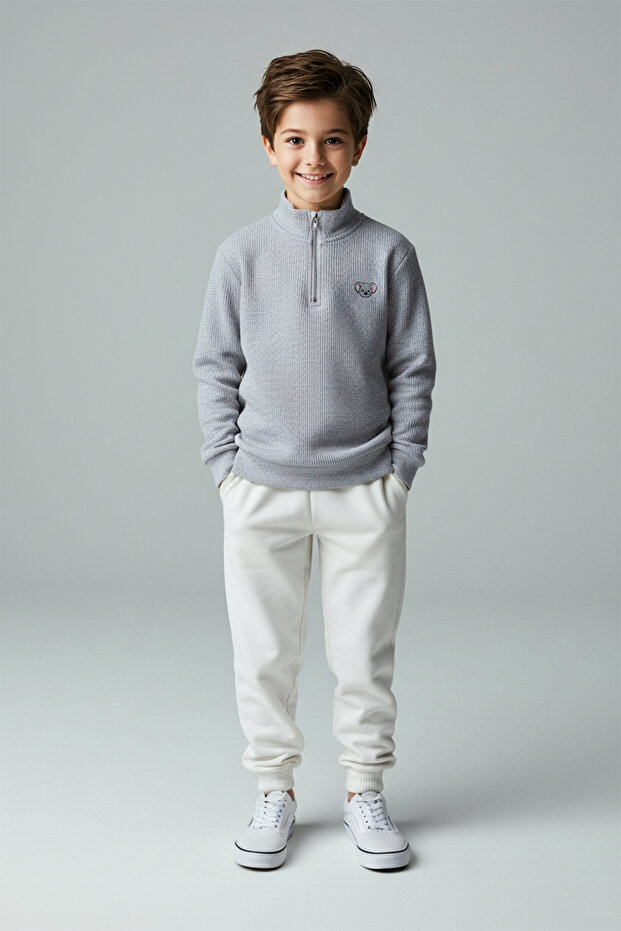 Gri Melanj Pamuklu Baskılı Dik Yaka Regular Erkek Çocuk Örme Sweatshirt TKDAW26SW00038 - 1