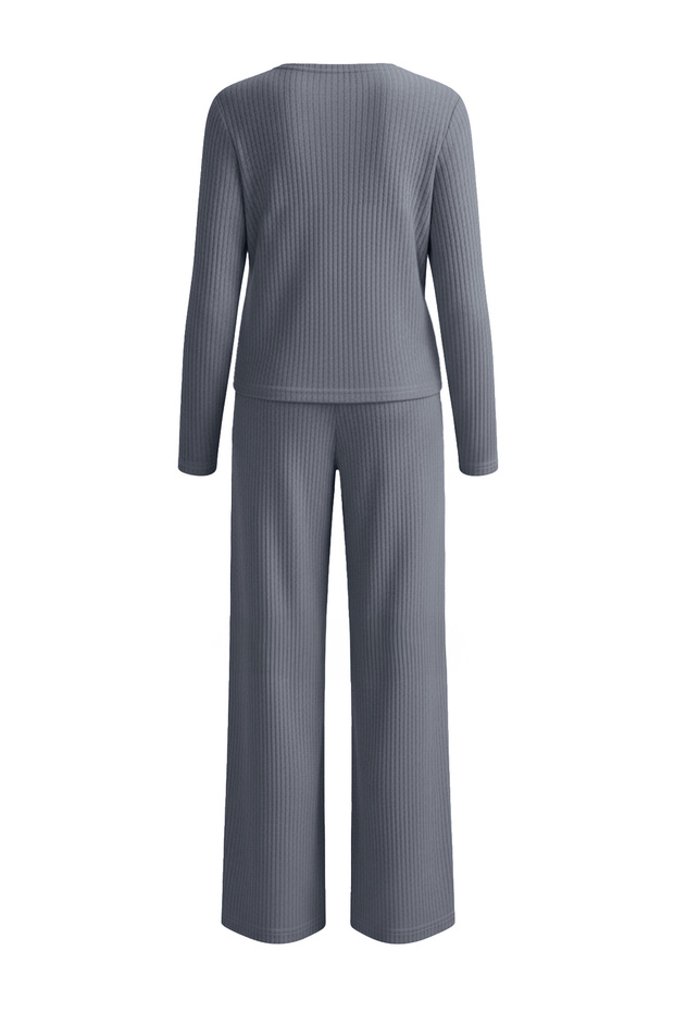 Mavi Pamuklu Hırka Fırçalı Yumuşak Tuşe Kışlık Fitilli Örme Pijama Takımı THMAW26PT00216 - 3