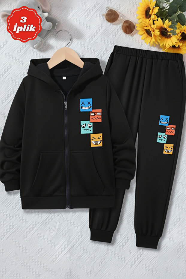 3 Thread Thick Winter Changing Face Print Detailed Zippered K Hooded Boys Tracksuit Set