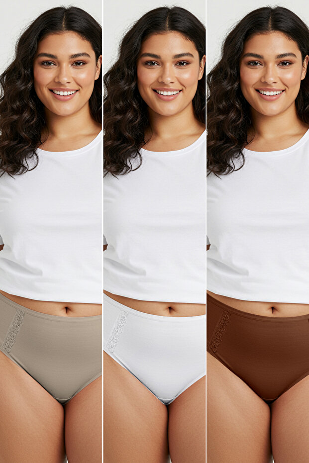 Kahverengi-Çok Renkli 3'lü Paket Pamuklu Örme Esnek Klasik Büyük Beden Külot TBBAW25CM00003 - 8