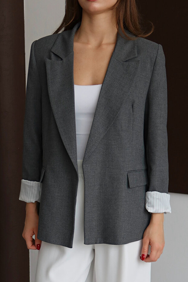 Antrasit Çizgili Astarlı Normal/Regular Kalıp Dokuma Blazer Ceket TWOAW26BC00042 - 2