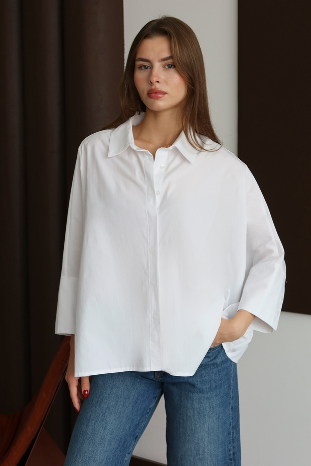 Beyaz Geniş Manşetli Oversize Dokuma Gömlek TWOAW26GO00130 - 1