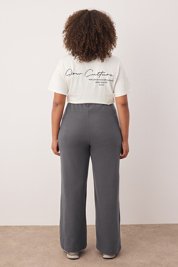 Antrasit Fake Triko Yüksek Bel Straight Fit Beli Lastikli Örme Büyük Beden Pantolon TBBAW26AR00004 - 4