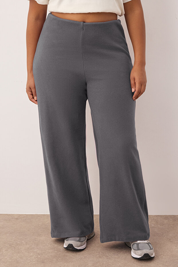 Antrasit Fake Triko Yüksek Bel Straight Fit Beli Lastikli Örme Büyük Beden Pantolon TBBAW26AR00004 - 3