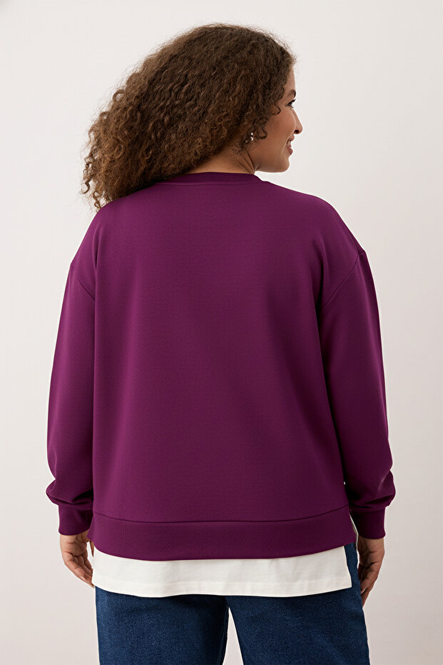 Mürdüm Alttan T-Shirt Çıkma Görünümlü İnce Örme Büyük Beden Sweatshirt TBBAW23AO00023 - 4