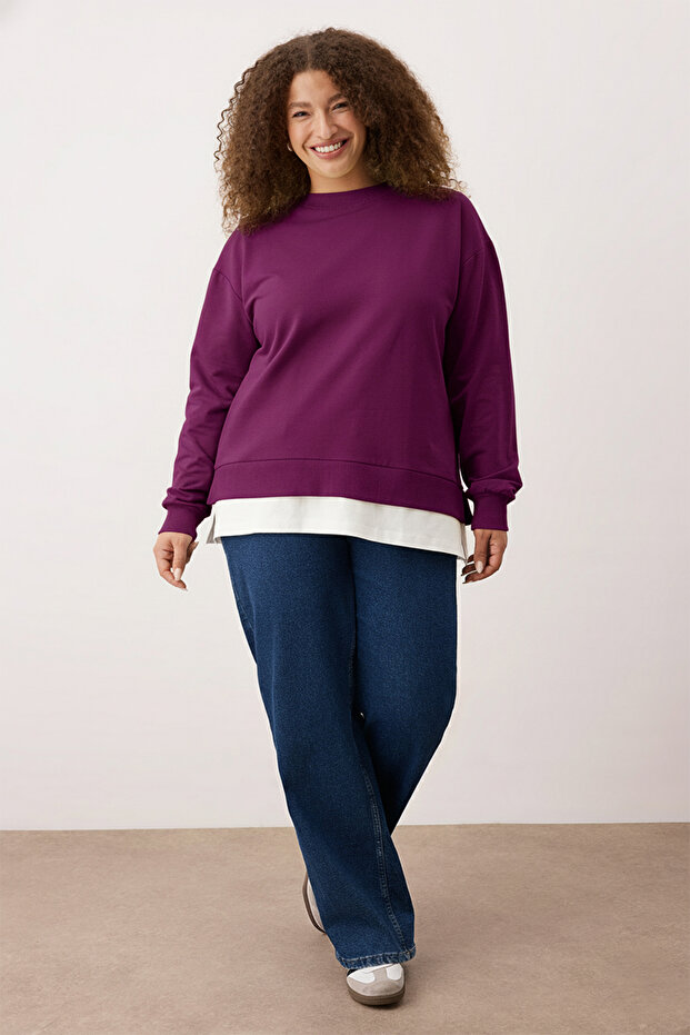 Mürdüm Alttan T-Shirt Çıkma Görünümlü İnce Örme Büyük Beden Sweatshirt TBBAW23AO00023 - 1