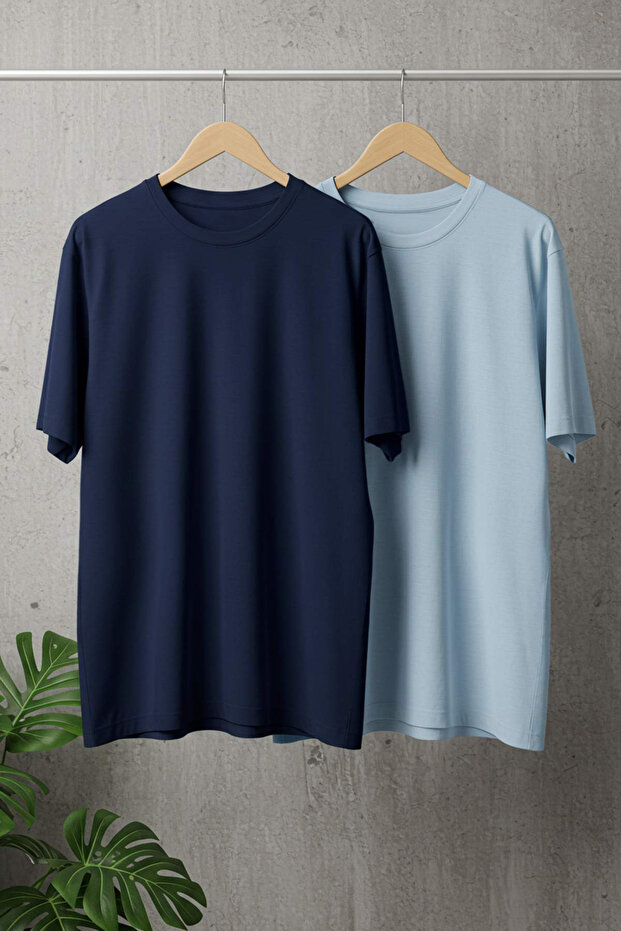 Unisex Açık Mavi-Lacivert Oversize 2'li Paket Basic %100 Pamuklu T-Shirt TMNSS24TS00038 - 1