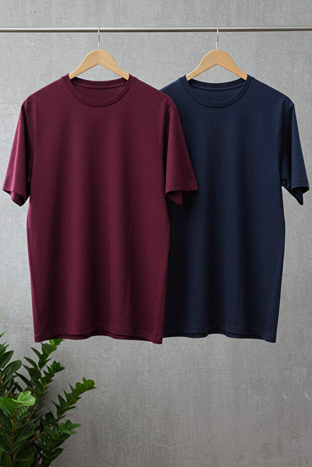Unisex Bordo-Lacivert Oversize 2'li Paket Basic %100 Pamuklu T-Shirt TMNSS24TS00038 - 1
